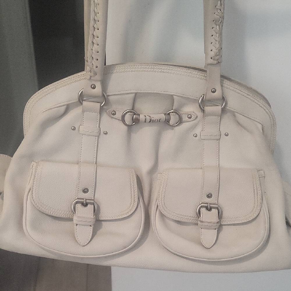 Dior Cream Shoulder Bag with Structured Design and Silver Hardware